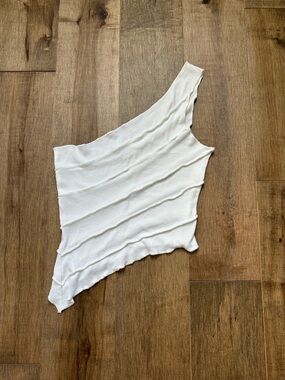12th Tribe White Ribbed One-Shoulder Top